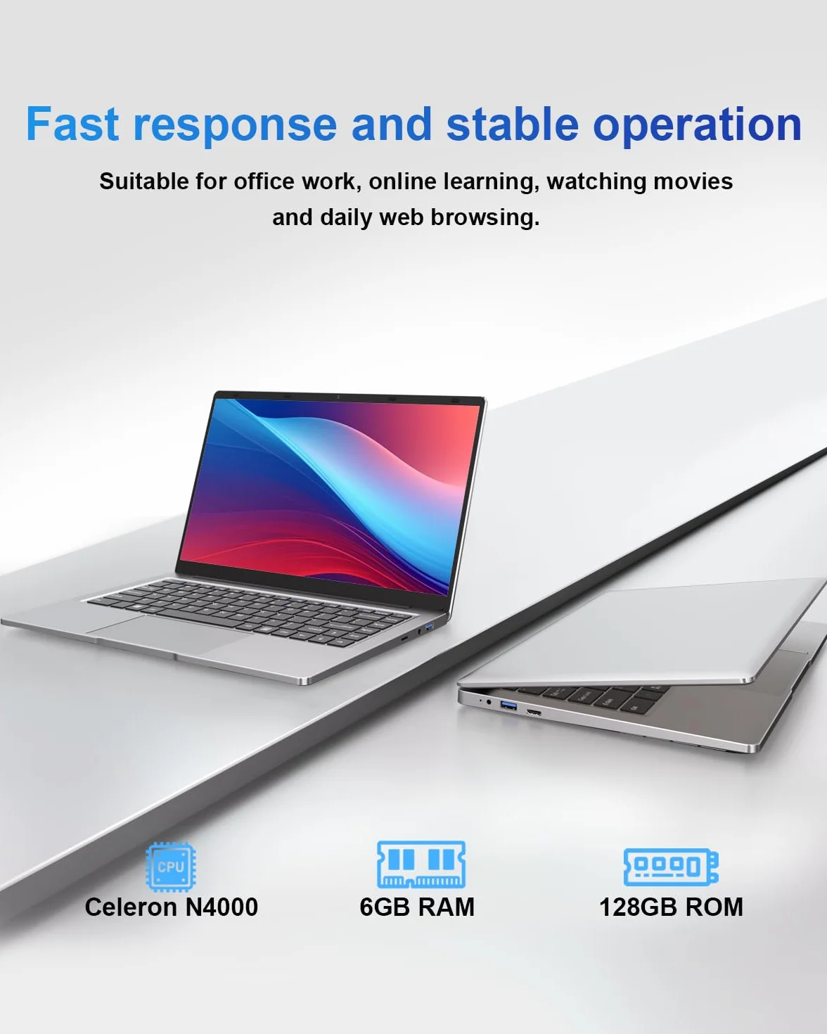 Ordinateur Portable 14 pouces 6 Go DDR4 128 Go SSD WiFi 5G Mini-HDMI Sans Ventilateur