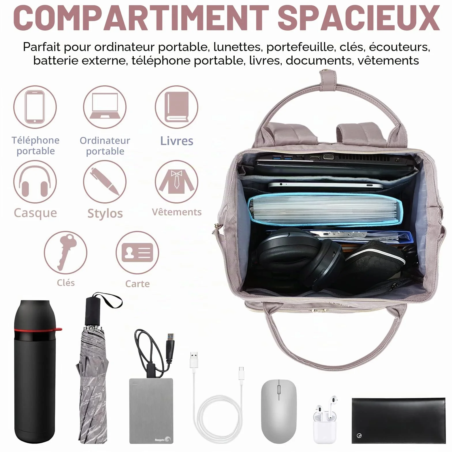 VANKEAN Sac à Dos Ordinateur Portable 17 Pouces Imperméable Grande Capacité Rose
