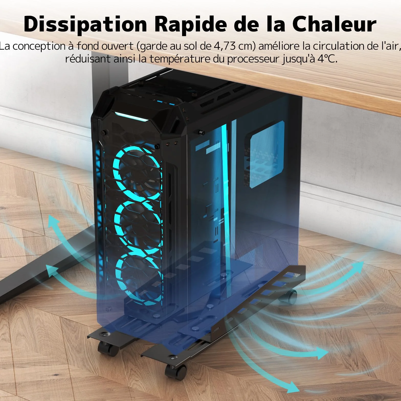 PUTORSEN Support Tour PC Mobile, Chariot avec Roues Verrouillables, Antidérapantes, Taille Réglable, Compatible avec La Plupart des Tours (Noir)
