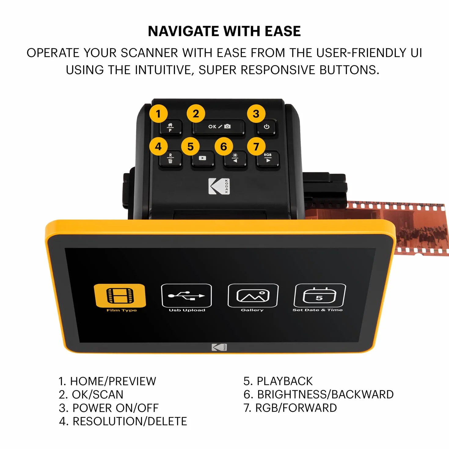 Kodak Slide N Scan Scanner de Film numérique Max 7" Grand écran LCD 7" convertit Négatifs Couleur en 22MP HD JPEG RODFS70