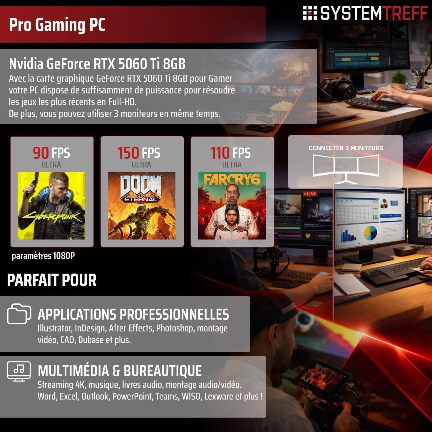 PC Gamer AMD Ryzen 7 5700X 8x4.6GHz Nvidia RTX 5060 Ti 8Go DX12 1To M.2 NVMe 32Go DDR4 RAM Windows 11 Ordinateur de Bureau WLAN