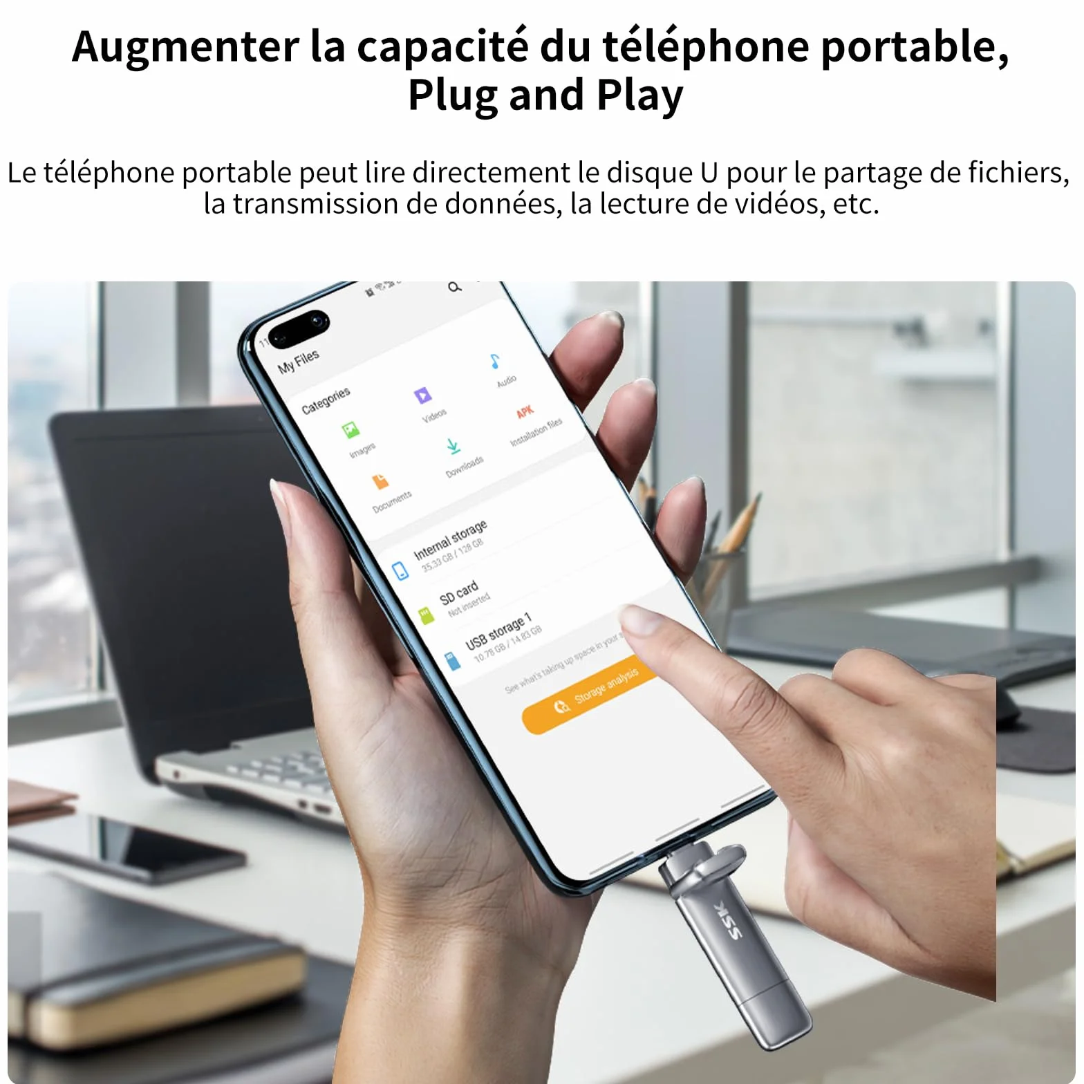 SSK SSD Externe 128 Go Disque Portable USB 3.2 Gen 2 550 Mo/s 2 en 1 OTG Clé USB A & Type C