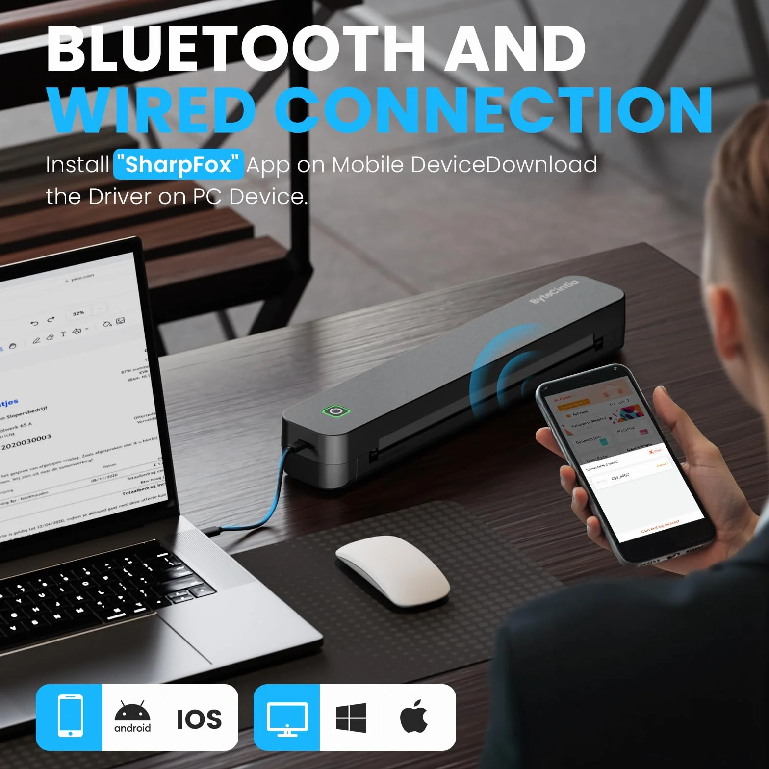 Imprimante Thermique A4 Bluetooth Portable sans Fil pour Voyage, Compatible Android iOS