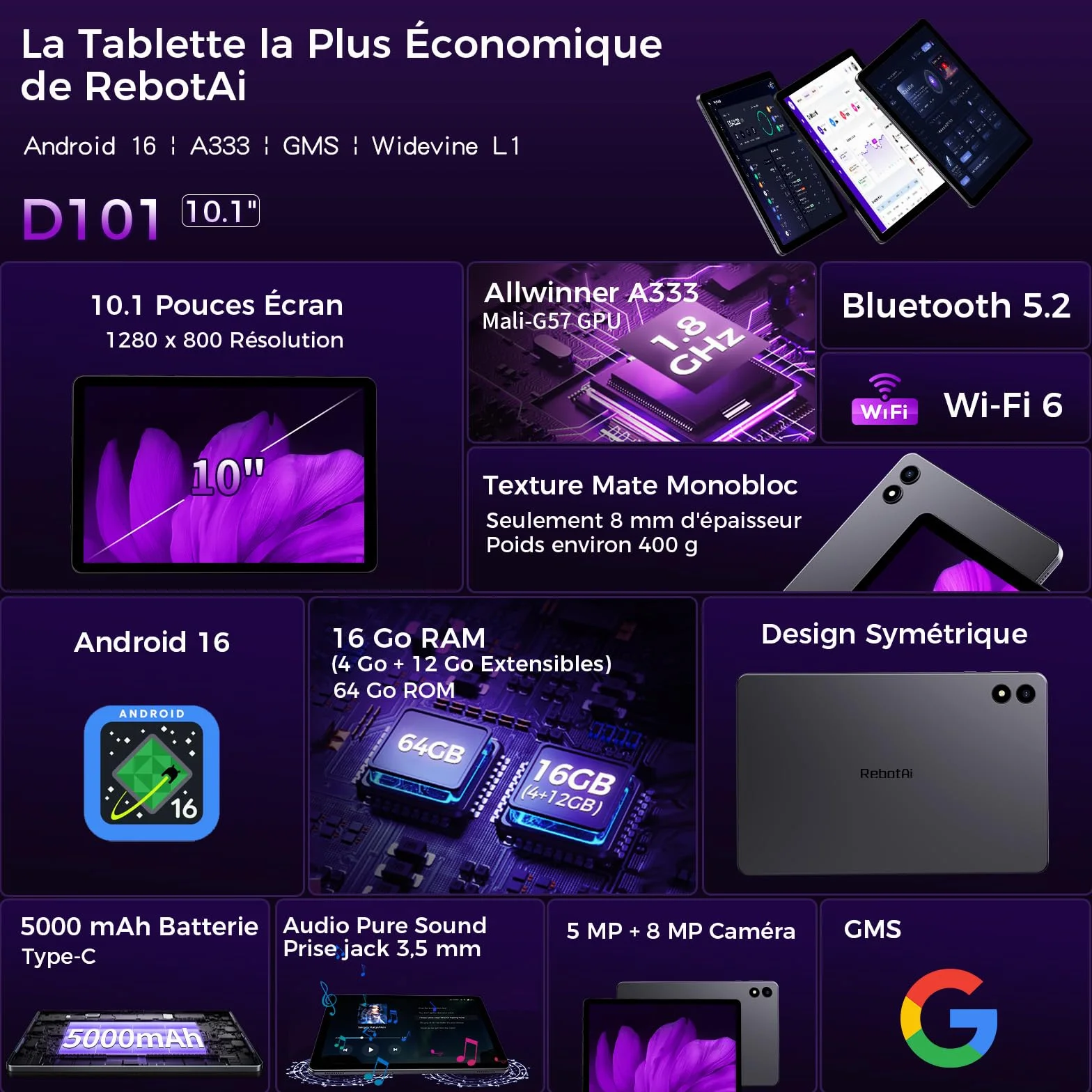 Tablette 10 Pouces Android 16 Gemini AI 16Go RAM 64Go ROM 1To TF Widevine L1 WiFi 6 BT 5.2 5000mAh Identification Faciale