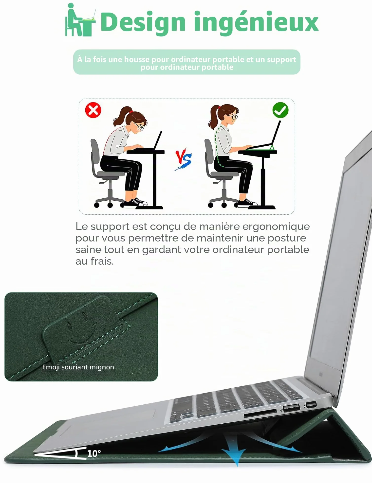 HYZUO 13,3-14 Pouces Housses Ordinateur Portable Sacoche avec Fonction Stand pour MacBook Pro 14 M5/M4/M3/M2/M1 2026-2021, MacBook Pro/Air 13,3, 13,5" 13,8" Surface Laptop, Vert Minuit