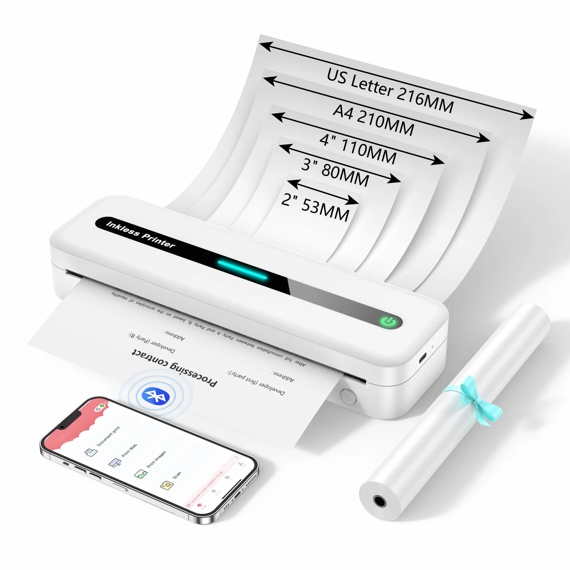 ASprink Imprimante Thermique A4 300DPI Portable sans Encre Compatible Android iOS Blanc