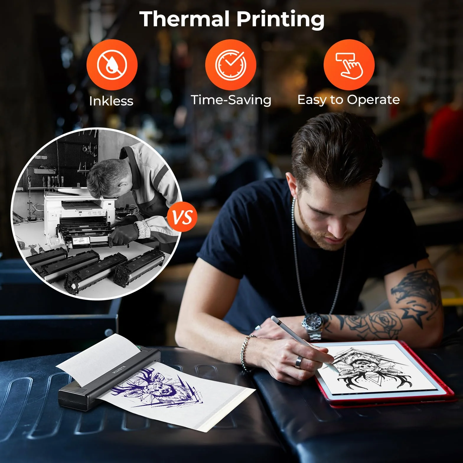 MUNBYN Thermocopieur Tatouage Bluetooth ITP05 20 Feuilles Papier Transfert Imprimante Stencil Tatouage Machine Copieur Noir