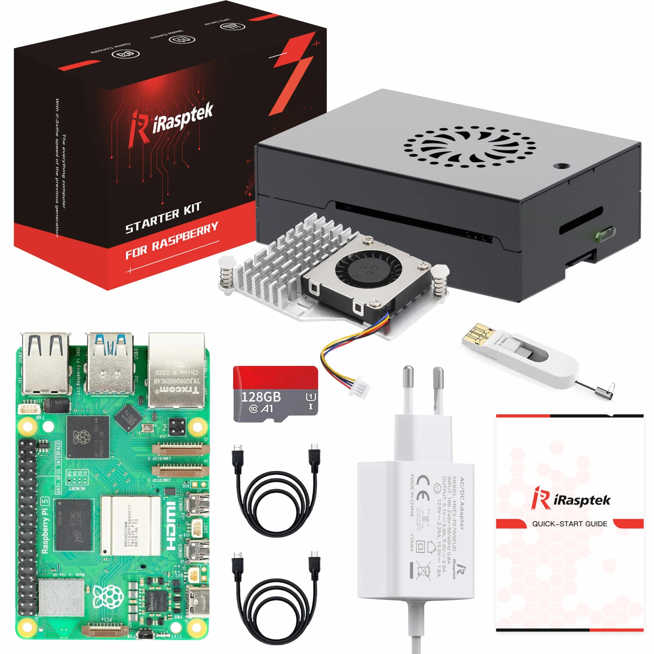 iRasptek Starter Kit for Raspberry Pi 5 8Go - Édition OS-Bookworm de 128Go préinstallée (boîtier Aluminium)