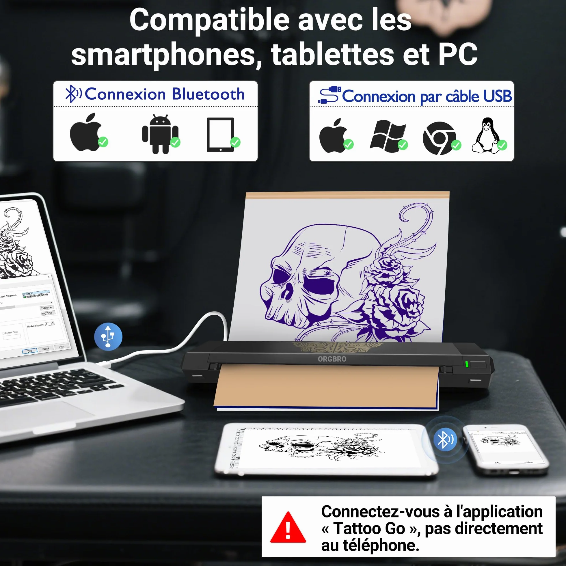 ORGBRO X8 Imprimante Stencil Tatouage Transfert Thermique Bluetooth 30 Feuilles Papier