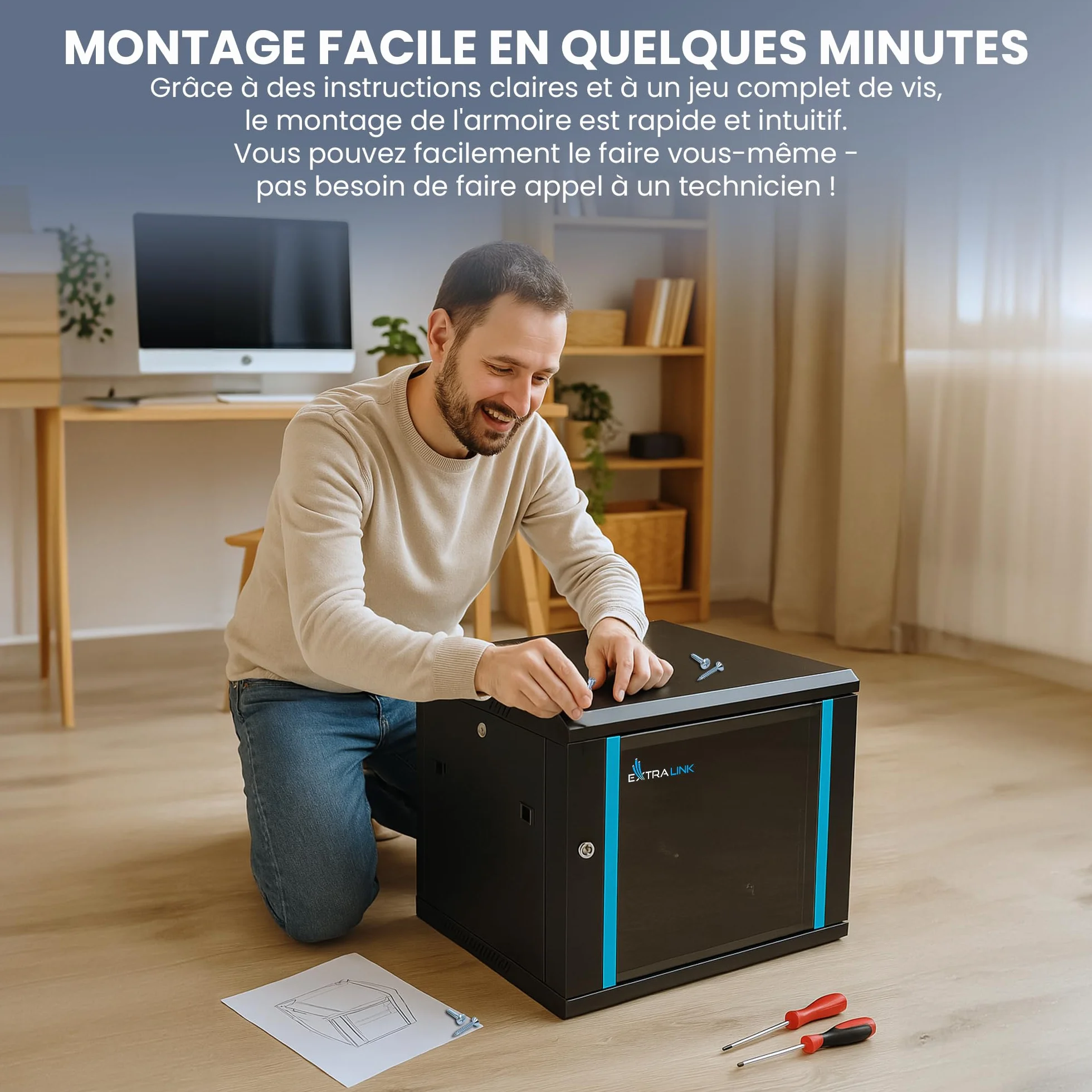 Extralink Baie de Brassage 19 Pouces 6U Armoire réseau 450mm Profondeur Montage Mural ou au Sol, Charge 60kg, Porte Verre trempé, Noir