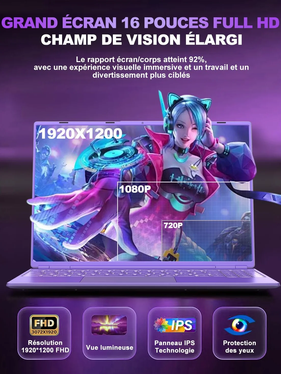 Ordinateur Portable Gaming 16 Pouces 12+512 Go Extensible 1TB Celeron N5095 2,9 GHz 1920x1200 PC Gamer 2K WiFi Mini HDMI Violet