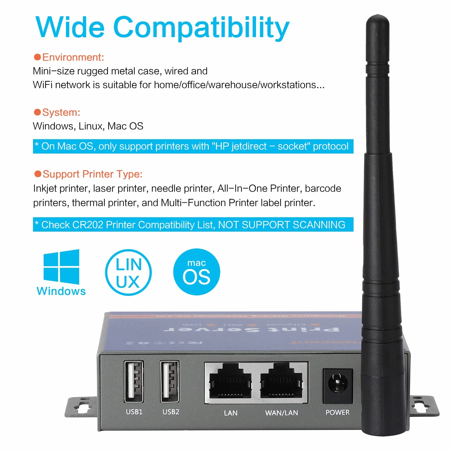 Serveur d'impression sans fil 2 ports USB pour imprimante Ethernet WiFi