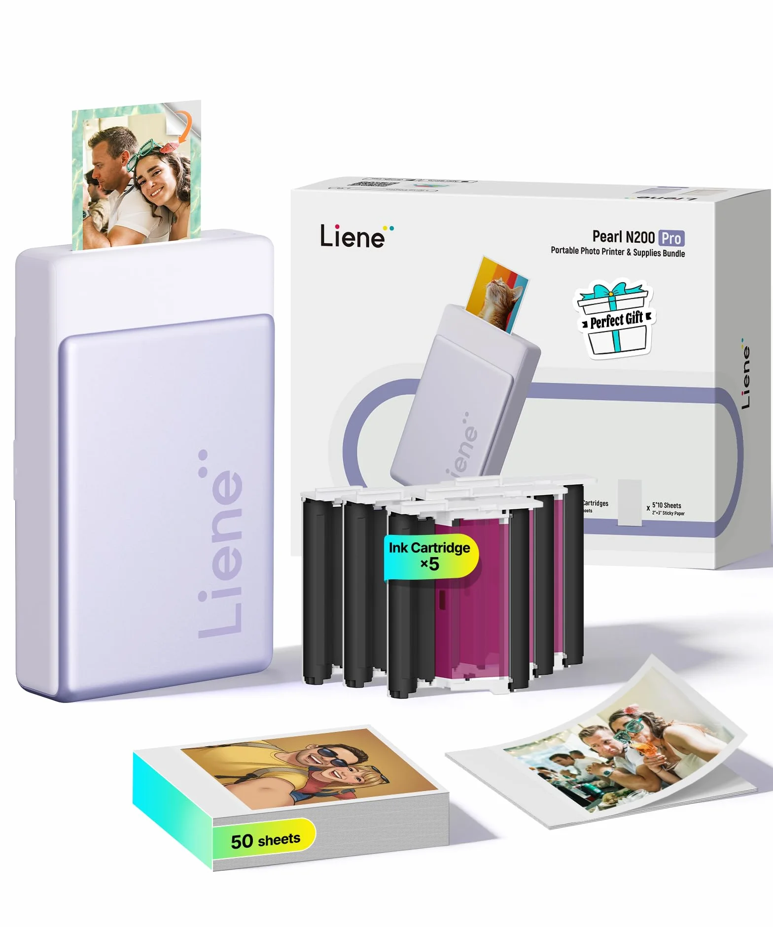 Liene Pearl N200 Pro Kit de Recharge Original Sublimation Thermique pour DMP130, 50 Papiers Photo Adhésifs 5x7.6 cm, 5 Rubans, Violet