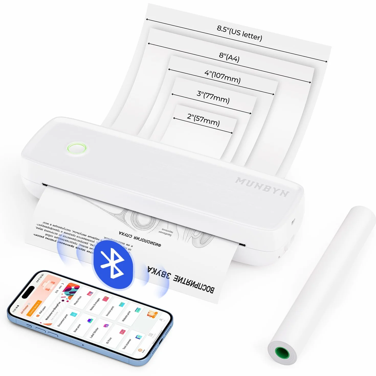 MUNBYN ITP04 Imprimante Thermique A4 Bluetooth Portable sans Encre, Compatible Android iOS, Blanc