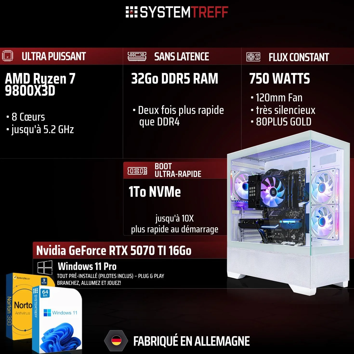 PC Gamer AMD Ryzen 7 9800X3D Nvidia RTX 5070 TI 16Go 1To M.2 NVMe 32Go DDR5 RAM Windows 11 Ordinateur de Bureau