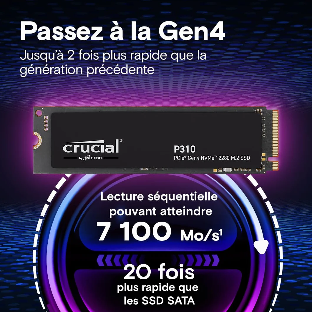 Crucial P310 SSD 1To PCIe Gen4 NVMe M.2 2280 Jusqu’à 7100 Mo/s Disque Dur Interne