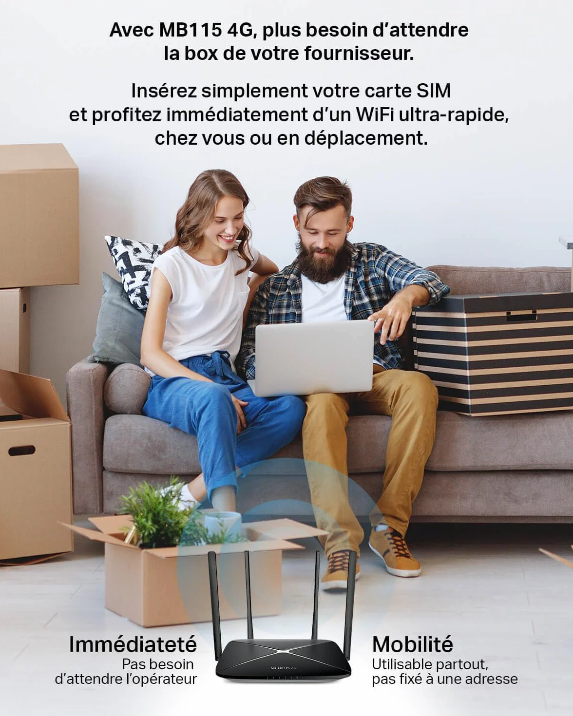 Mercusys MB115-4G Routeur 4G LTE WiFi 300 Mbps 2.4 GHz Carte SIM Nano 4 Antennes