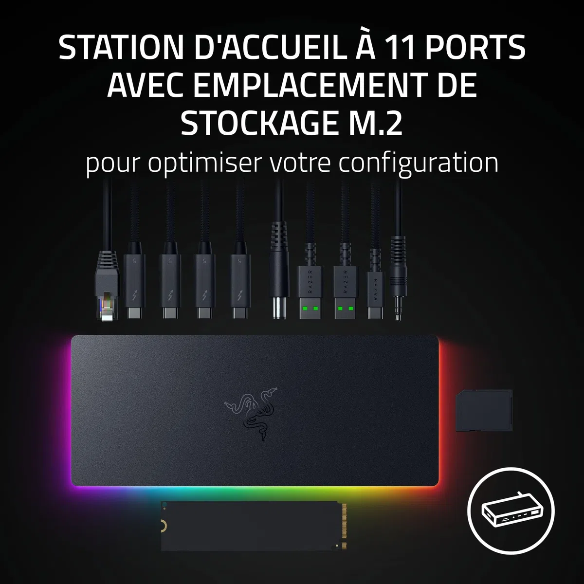 Razer Thunderbolt 5 Dock Chroma - Station d'accueil 11 Ports USB-Thunderbolt - 3X DisplayPort USB-C - Ethernet - Passthrough 140W - Carte SD/UHS - 3X USB - Extension M.2 - Prise UE - PC/Mac | Noir
