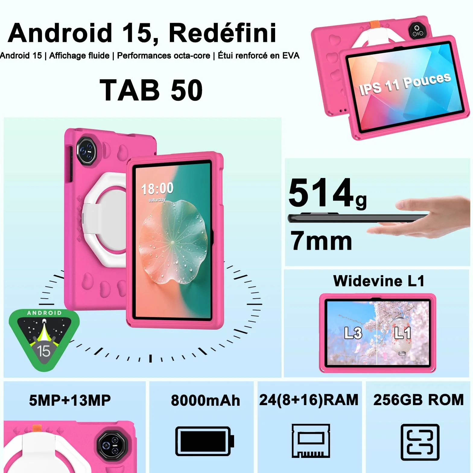 Tablette Android 15 pour enfants 11 Pouces 24Go+256Go/2To Octa-Core Gemini AI Widevine L1 8000 mAh 13MP+5MP EVA Silicone Étui Protection Boîtier Métallique Rose