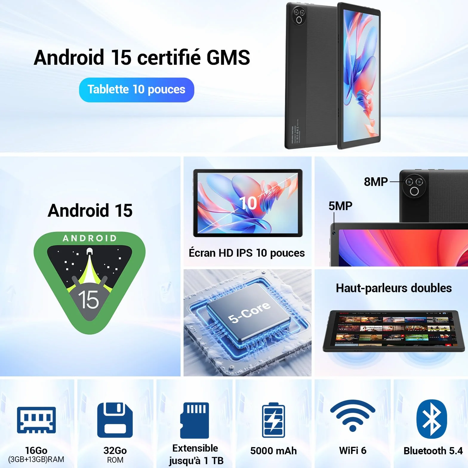Tablette 10 Pouces Android 15 2026, 16 Go RAM, Écran HD IPS 1280x800, WiFi 6, Bluetooth 5.4, Batterie 5000mAh, Noir