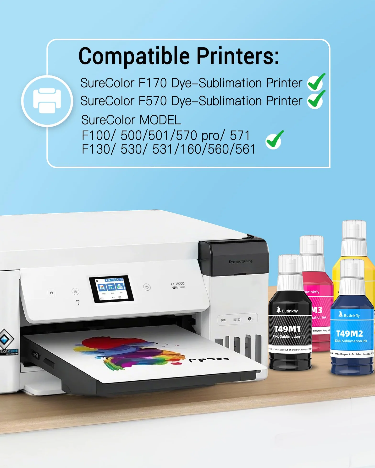 Cartouches d'encre de sublimation T49M pour Epson SureColor F170 F570 Lot de 4 anti-fuite couleurs vives