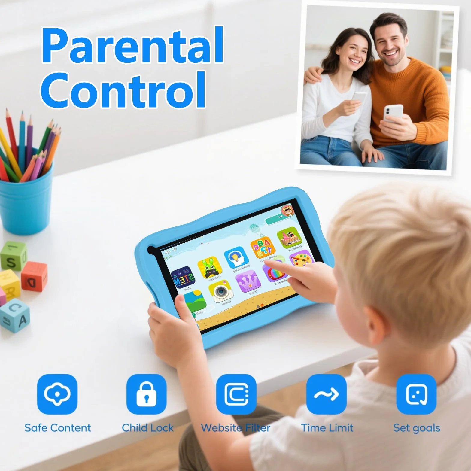 Tablette Enfants 7 Pouces Android 8GB RAM 64GB ROM TF 256GB Contrôle Parental WiFi Bluetooth Tactile Éducative Kid-Proof Étui Bleu
