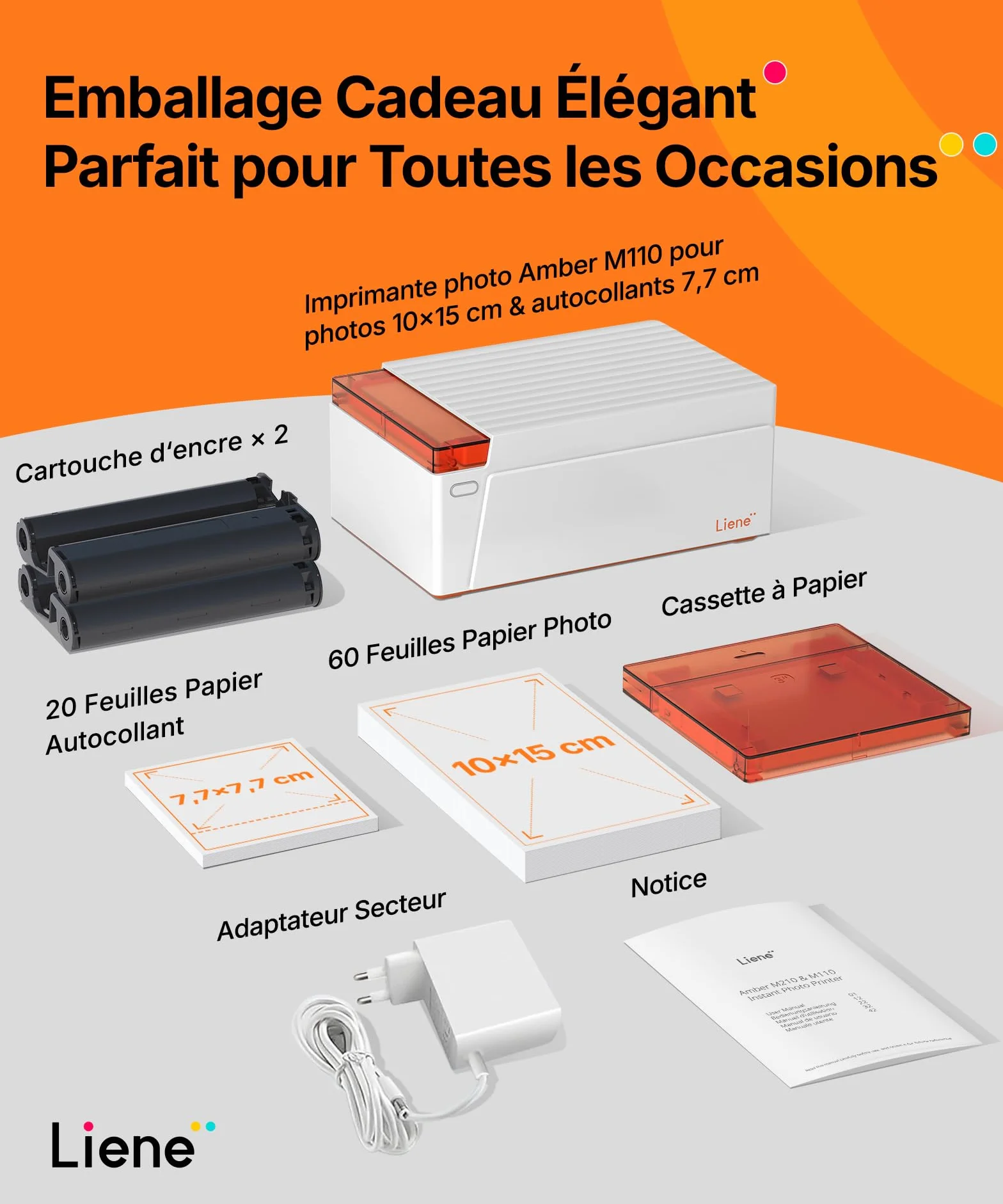 Liene Amber M110 Mini Imprimante Photo Portable Bluetooth Kit 60 Photos 10x15 cm 20 Autocollants 7,7 cm 2 Cartouches Thermosublimation