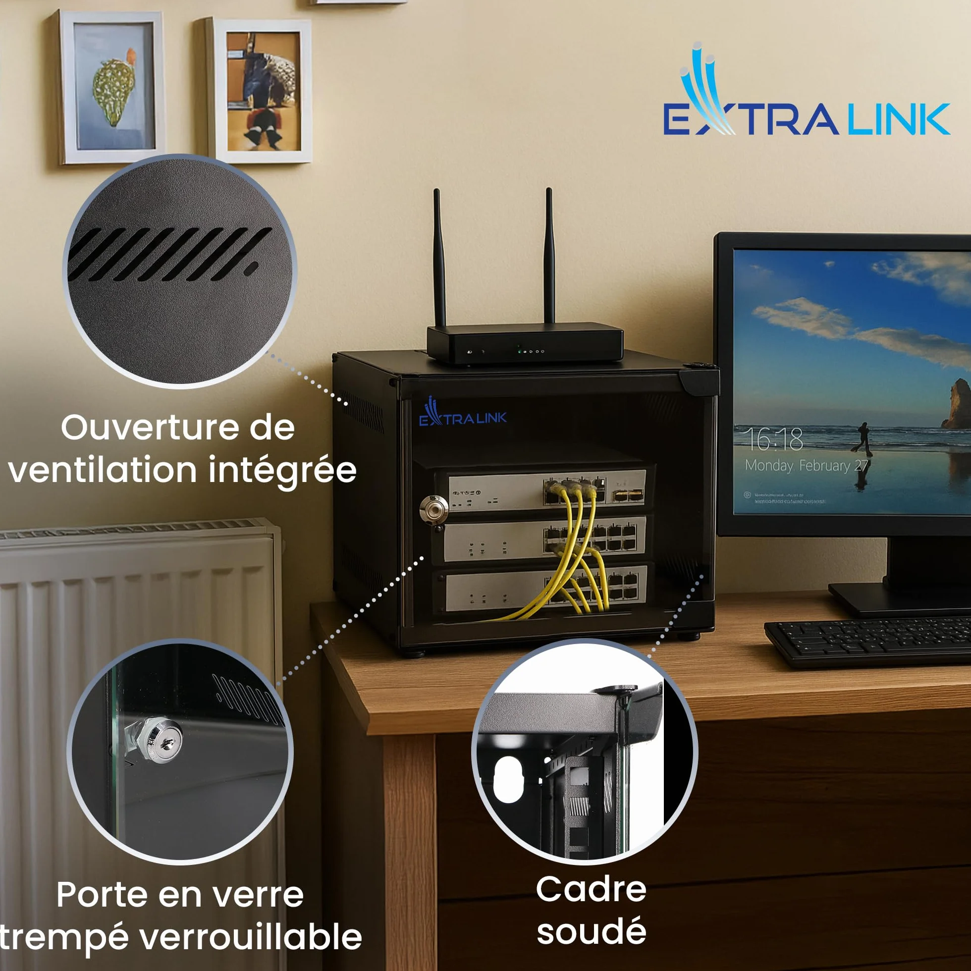 Extralink Baie de Brassage 10 Pouces 6U Armoire Réseau 310mm Profondeur Montage Mural Sol 180° Ouverture 30kg Noir