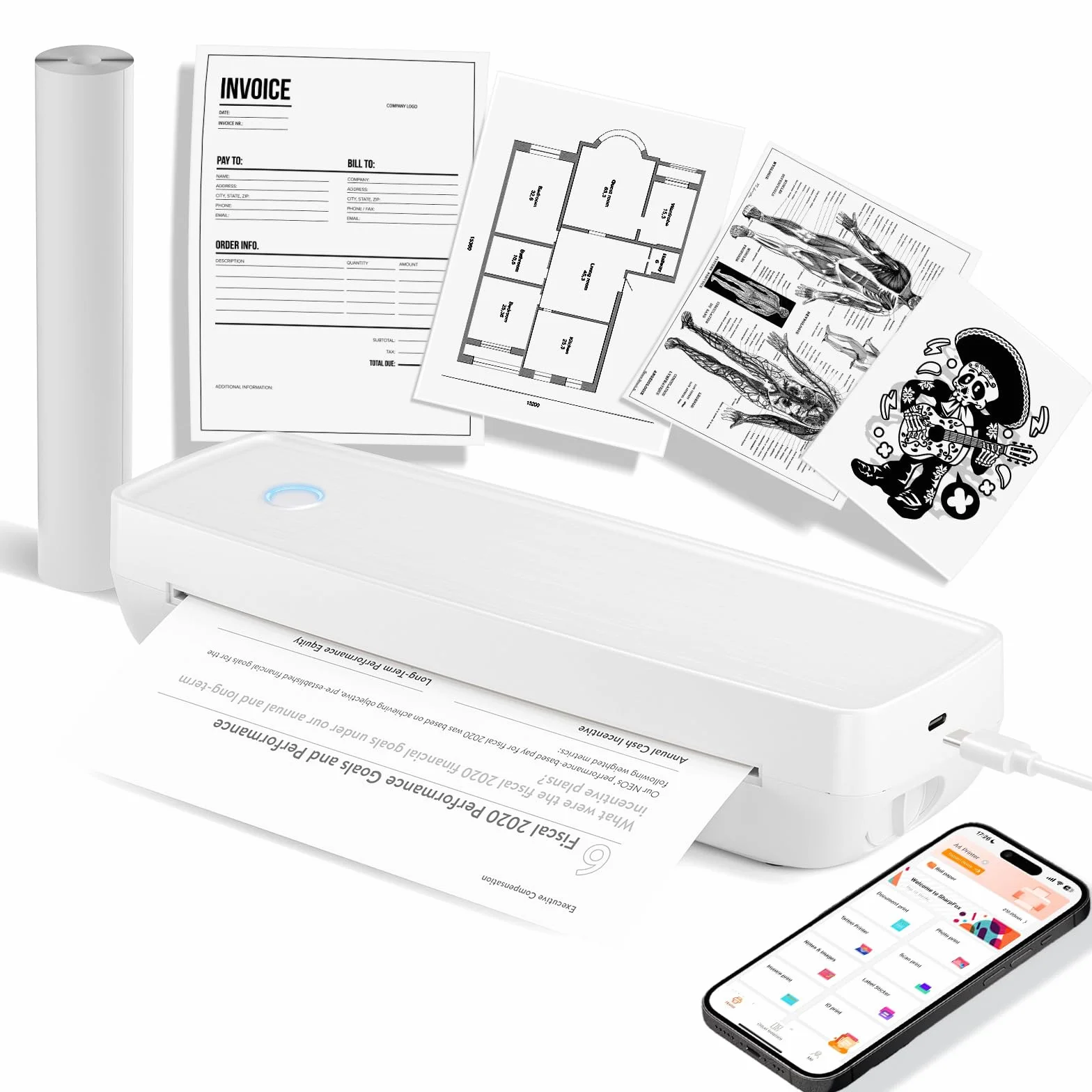 Imprimante Thermique sans Encre A4 Portable sans Bluetooth pour Voyage Maison Compatible Android iOS Blanc