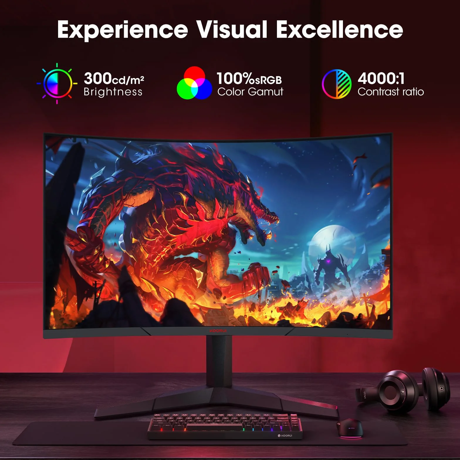 KOORUI 27" Ecran PC Gaming Incurvé 1500R Moniteur Dalle VA QHD 2560X1440 180Hz 1MS DCI-P3 85% HDMI/DP