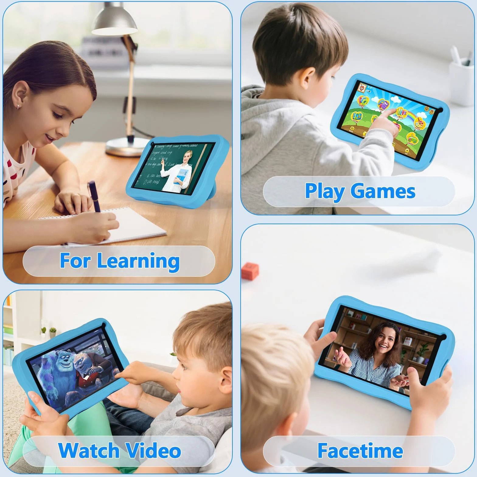 Tablette Enfants 7 Pouces Android 8GB RAM 64GB ROM TF 256GB Contrôle Parental WiFi Bluetooth Tactile Éducative Kid-Proof Étui Bleu