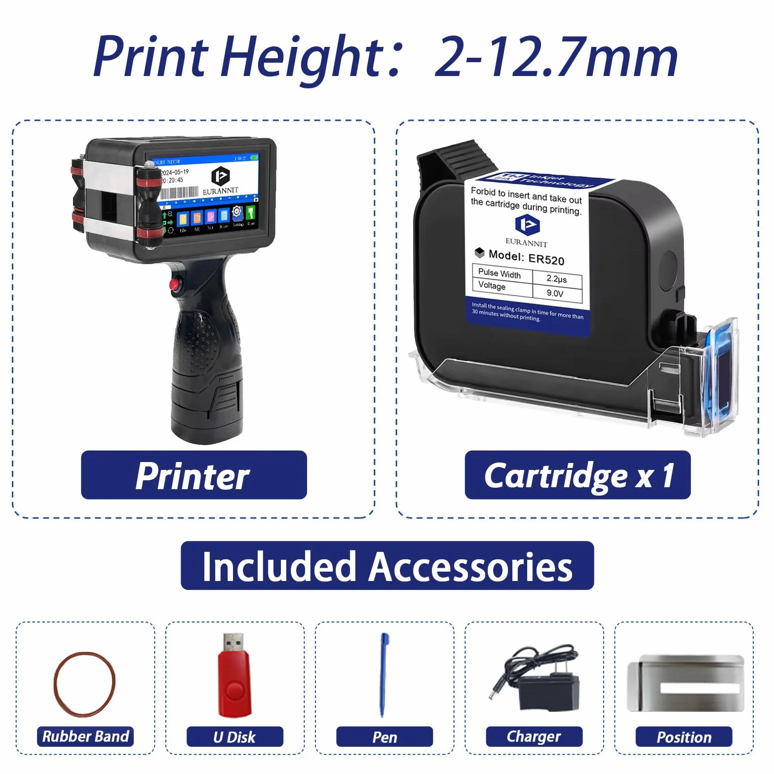 Imprimante à Jet d'encre Portable E16 ER520, buse 0.5", Code à Barres Date Logo Numéro de lot, Carton Tissu Bois Plastique Métal Verre