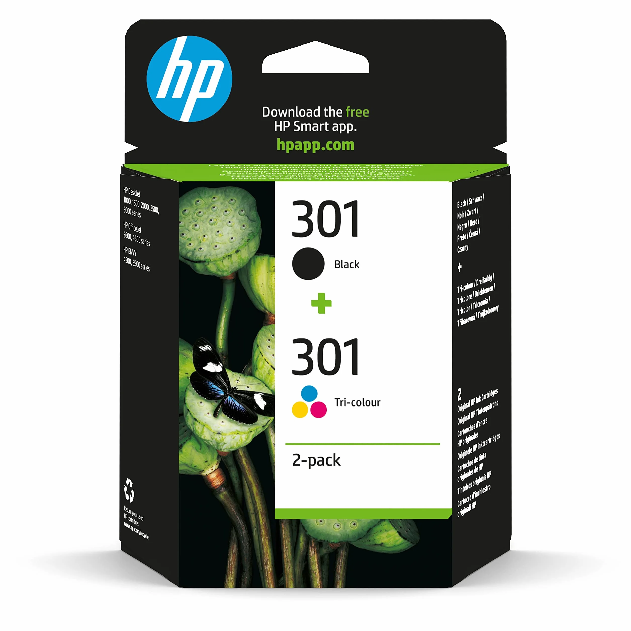 HP 301 Cartouches d'Encre Originales, Pack de 2, N9J72AE, Noir, Jaune, Cyan, Magenta, HP DeskJet 1000/1050A/1500/2000/2050A/2130/2500/3000, ENVY 4500/5500, OfficeJet 2620/4630