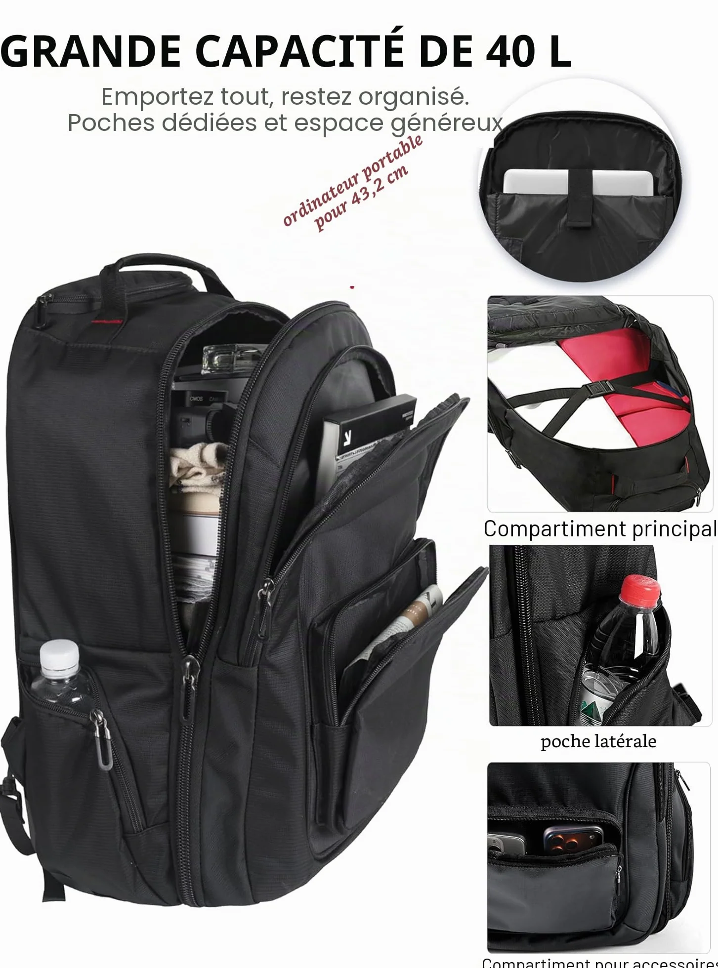 Sac à Dos à Roulettes 17,3 Pouces Bagage à Main Ordinateur Portable Noir Voyage