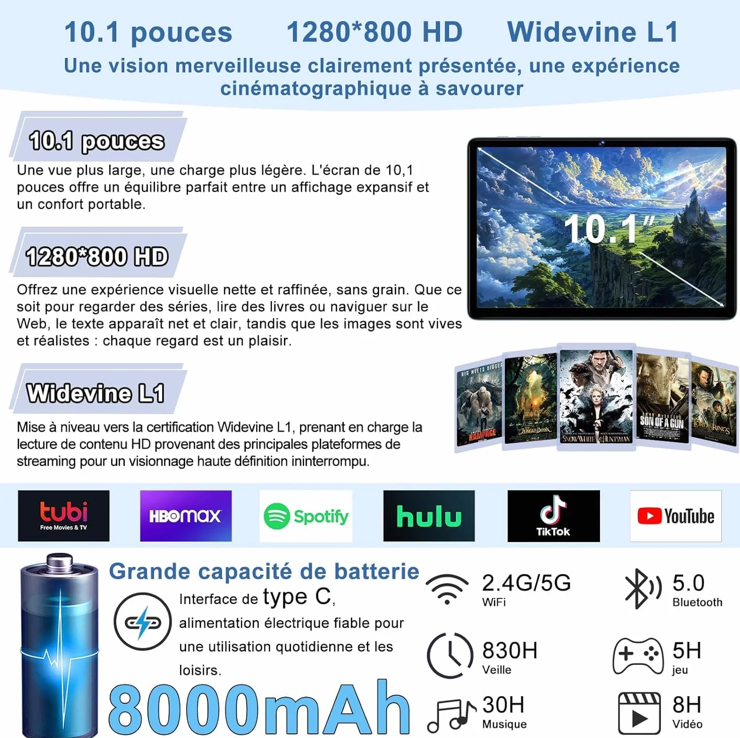 Tablette Android 15 Gemini AI 10,1 Pouces 30Go RAM 128Go ROM Octa-Core 8000mAh Wi-Fi 6 Bleu