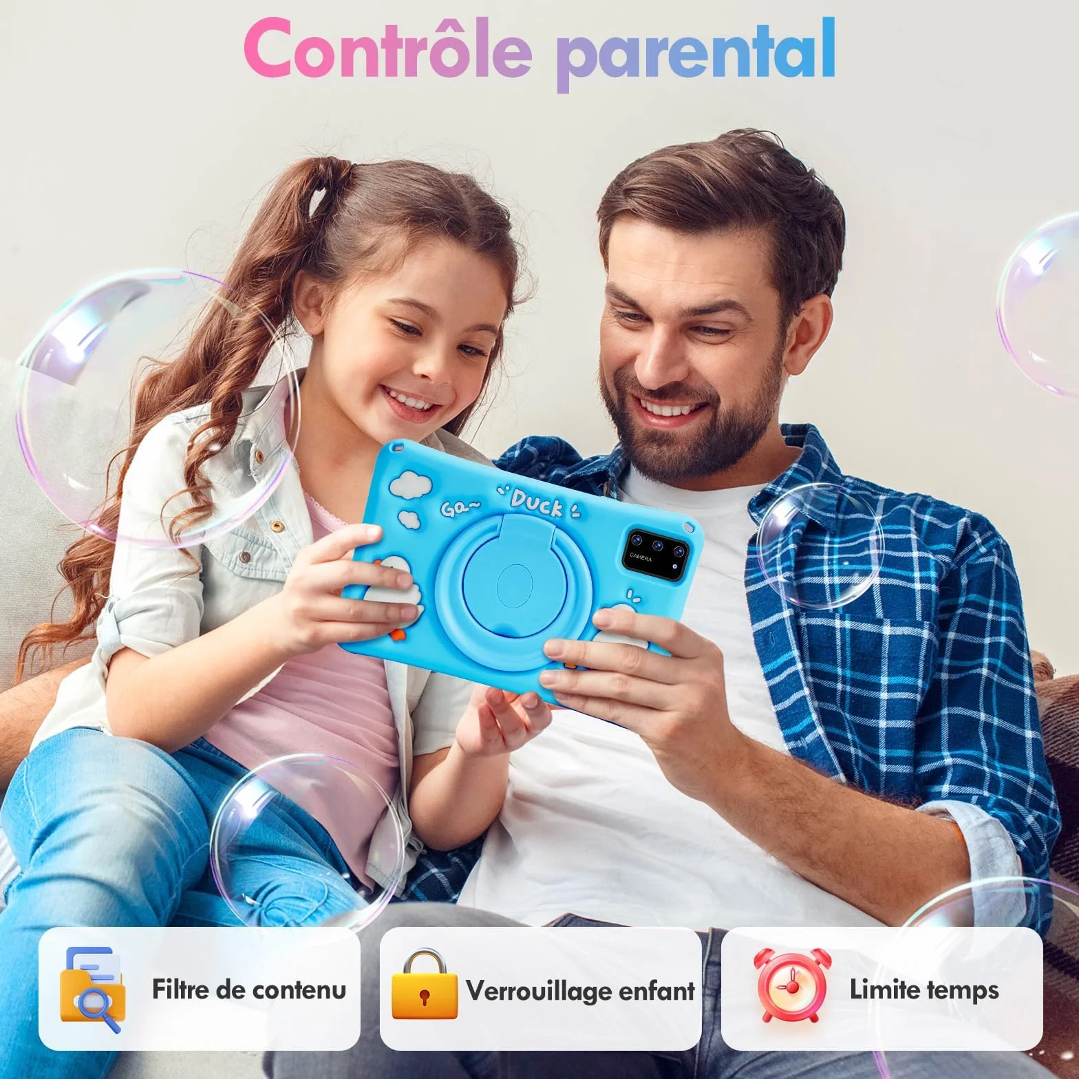 Tablette Enfants 7 Pouces Android 13 8Go RAM 64Go ROM Octa-Core Caméra HD Contrôle Parental Housse Silicone Bleu