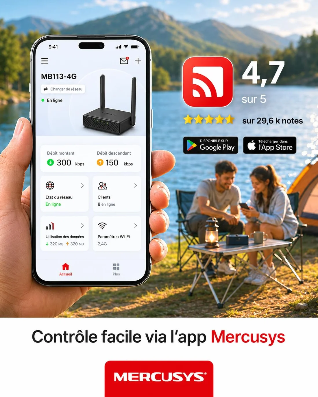 Mercusys MB113-4G Routeur 4G LTE WiFi 300 Mbps 2.4 GHz Carte SIM Nano 2 Antennes USB C