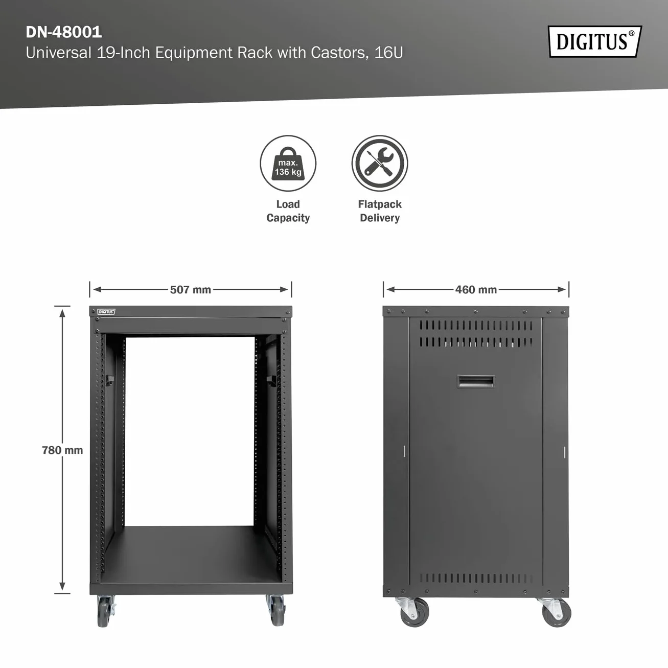 DIGITUS DN-48001 Rack Audio 19 Pouces 16U Universel Charge maximale 136 kg avec roulettes Noir