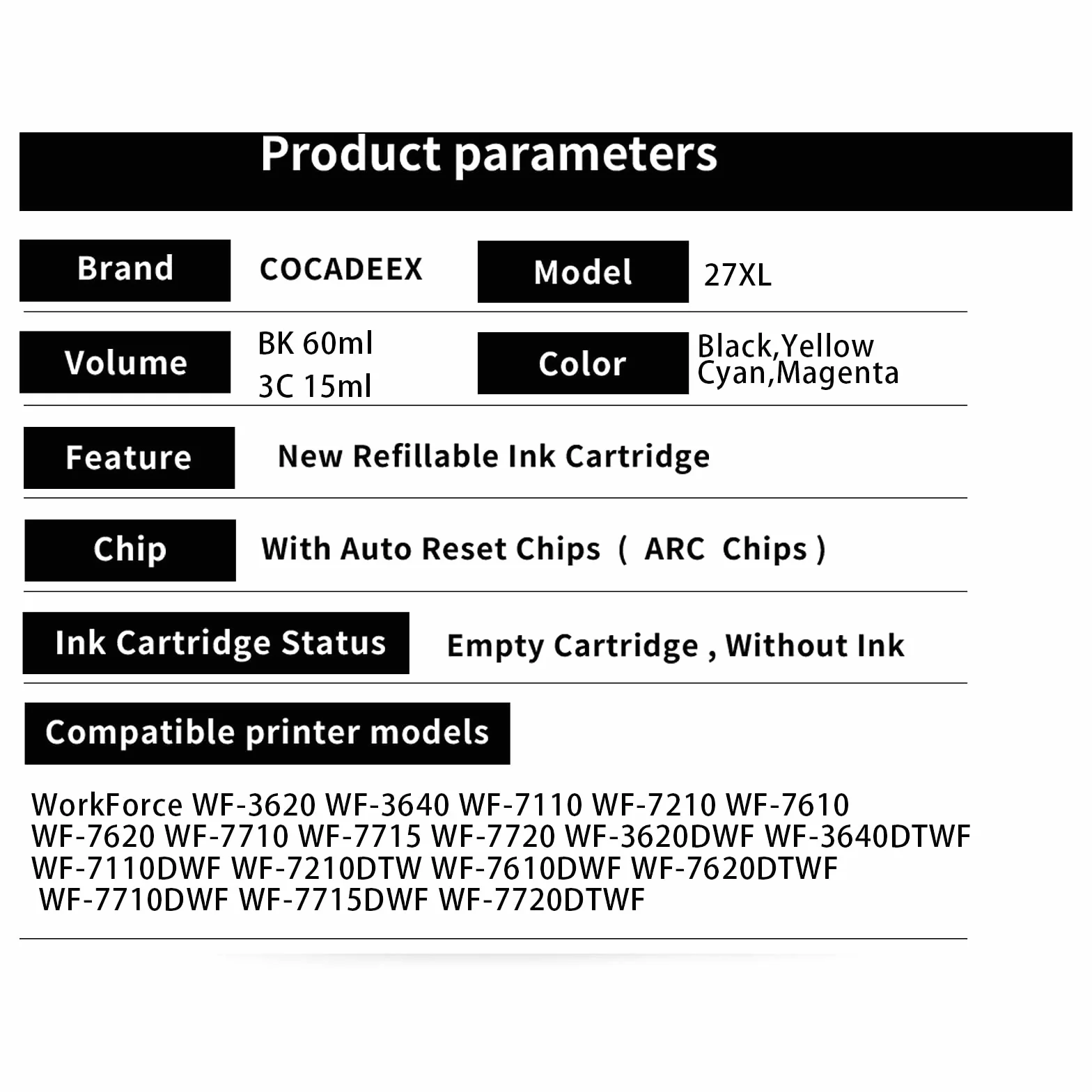 Lot de 27XL Recharge d'encre de Sublimation Compatible WF-3640 WF-7110 WF-7610 WF-7620 WF-7720 WF-7715 WF-7710 WF-7210