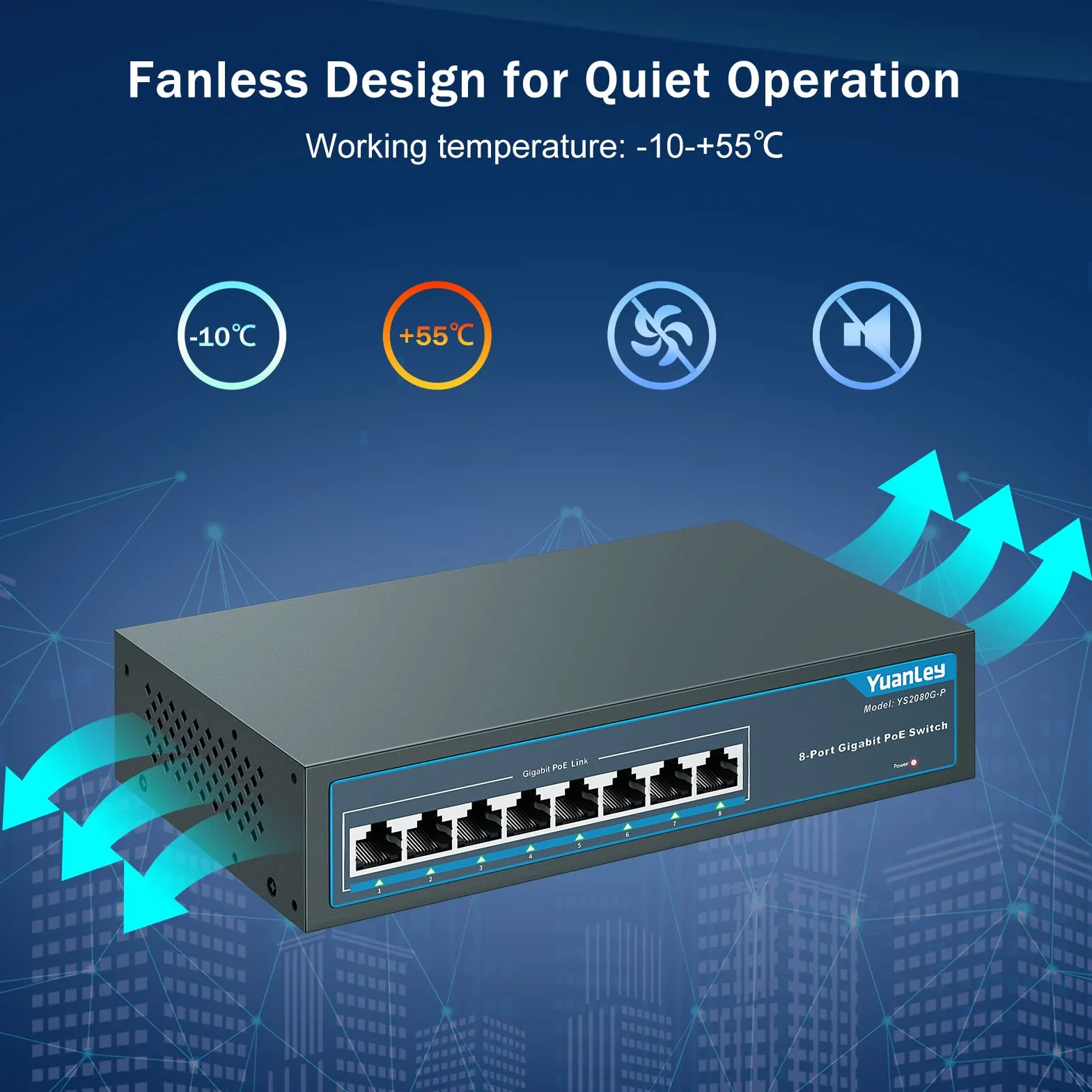 YuanLey 8 Port Gigabit PoE Switch, 8 PoE+ Port 1000Mbps, 120W 802.3af/at, Metal Fanless Unmanaged