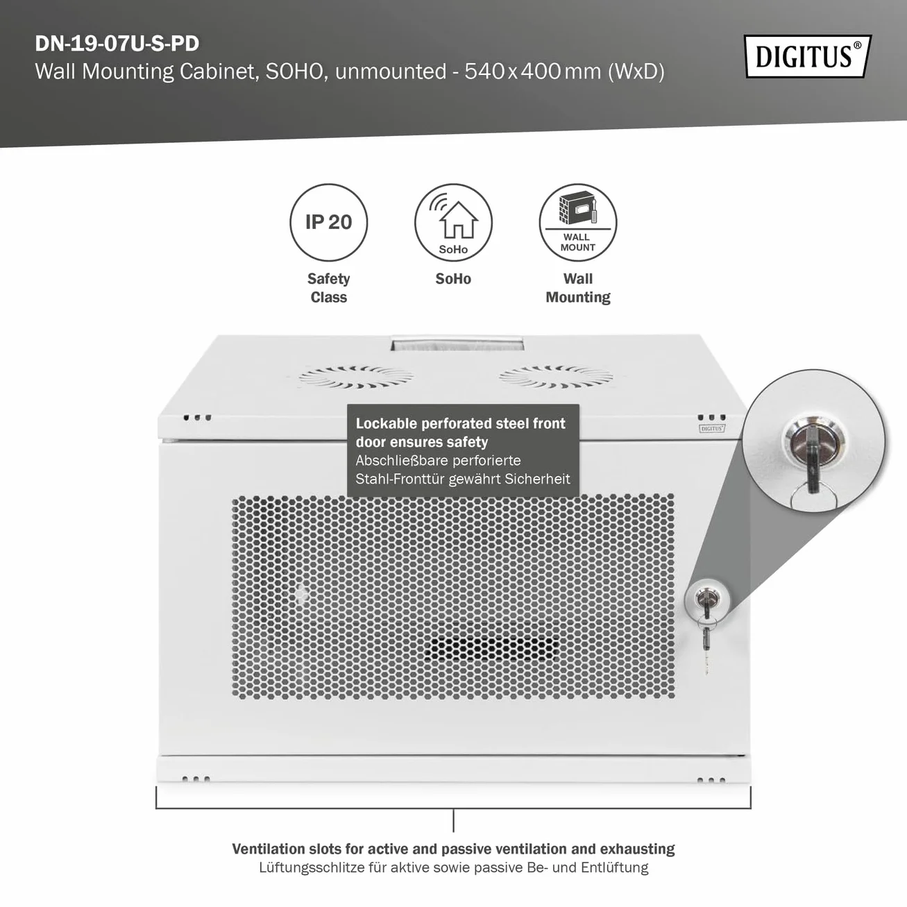 DIGITUS Armoire réseau 19 Pouces 7U Montage Mural 400 mm Profondeur 60 kg Porte perforée