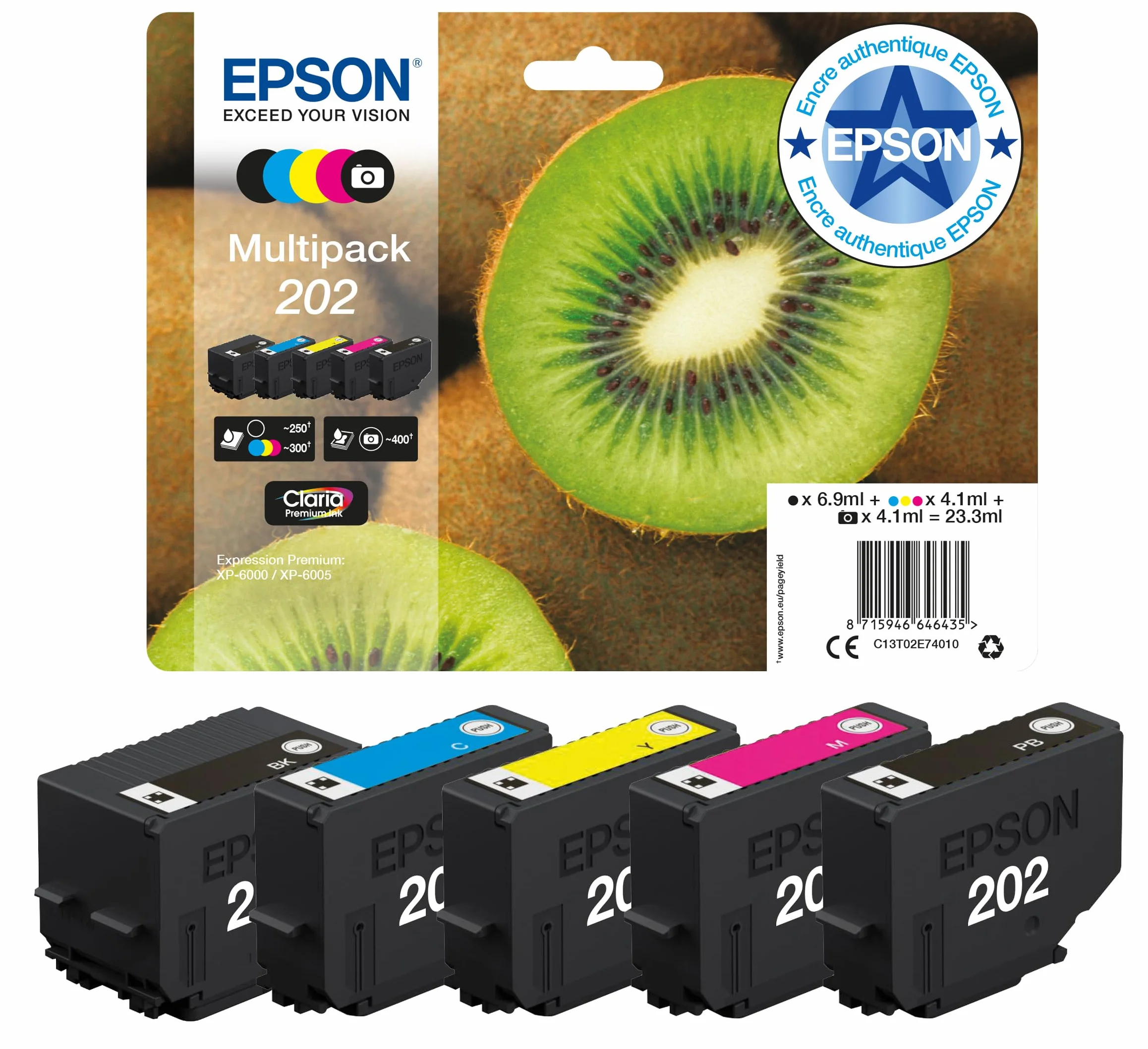 Epson 202 Kiwi Genuine Multipack 5-Colours Ink Cartridges Claria Premium Ink Standard Capacity