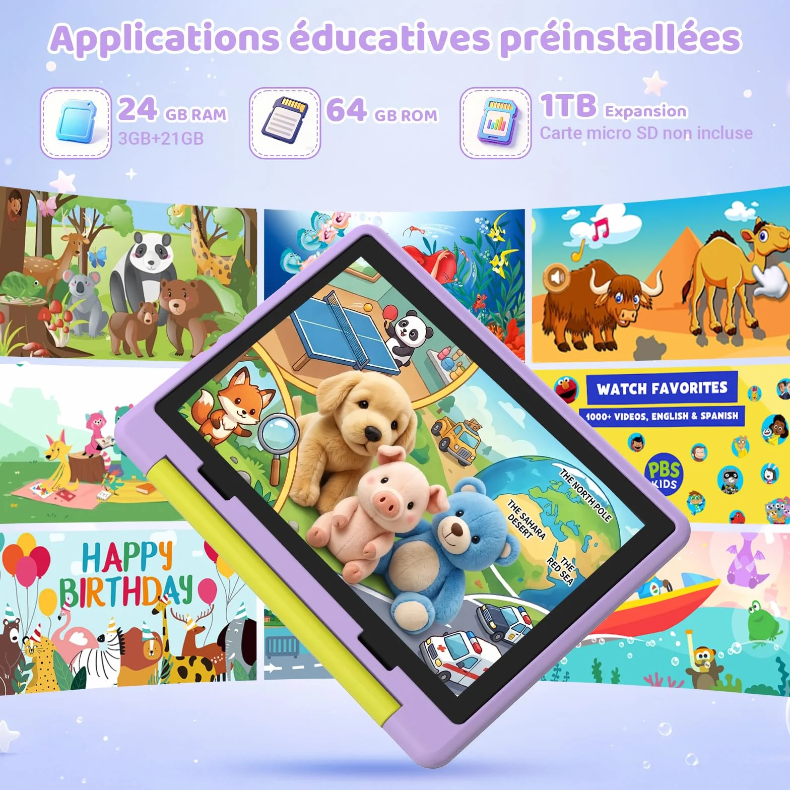 Tablette Enfants 10 Pouces Android 16, 24Go+64Go Extensible 1To, 6000mAh, WiFi 6, BT 5.4, Violette