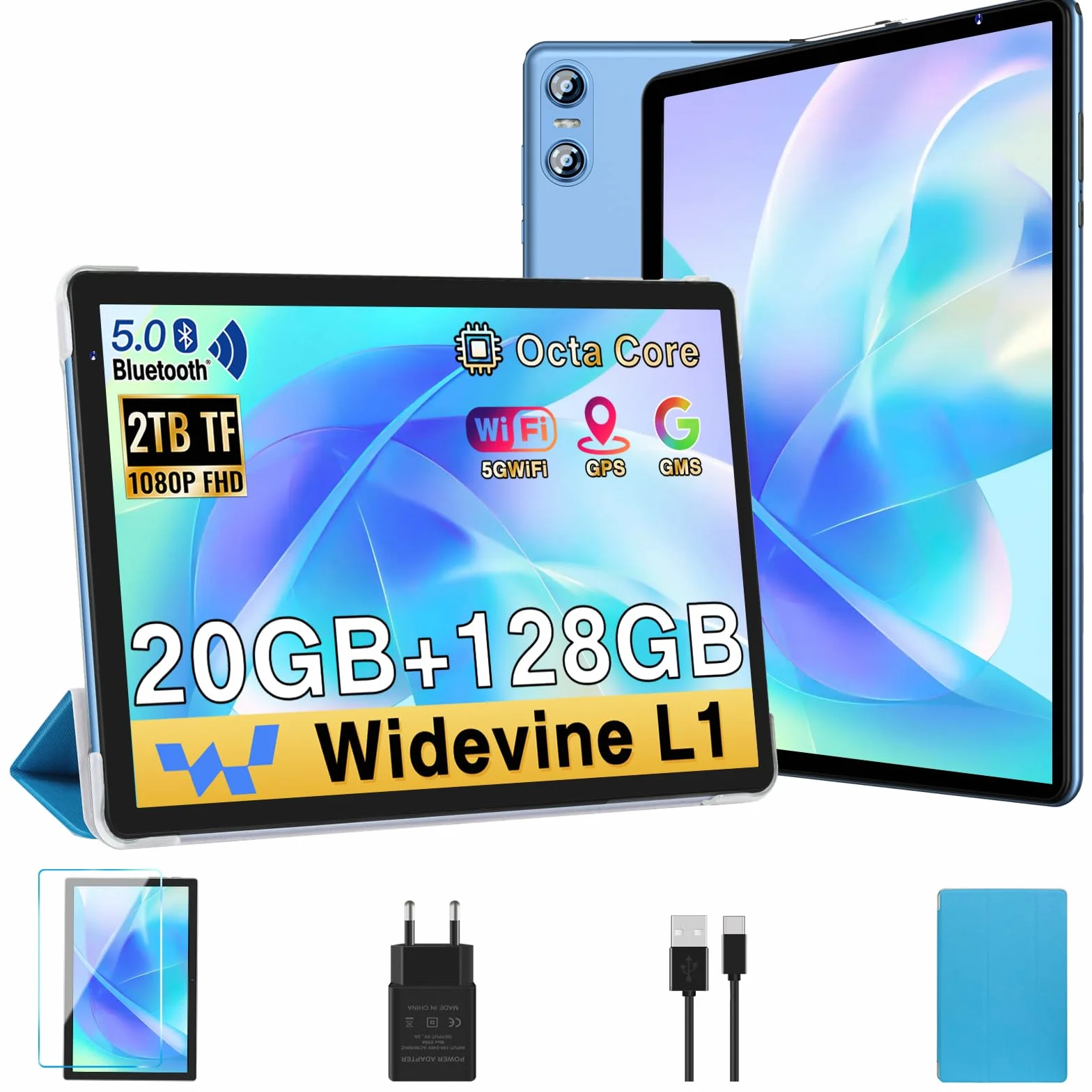 Tablette 10 Pouces Android 20Go RAM 128Go ROM Octa-Core 5G WiFi 6 Widevine L1 GMS GPS BT 5.0 6000mAh - Bleu