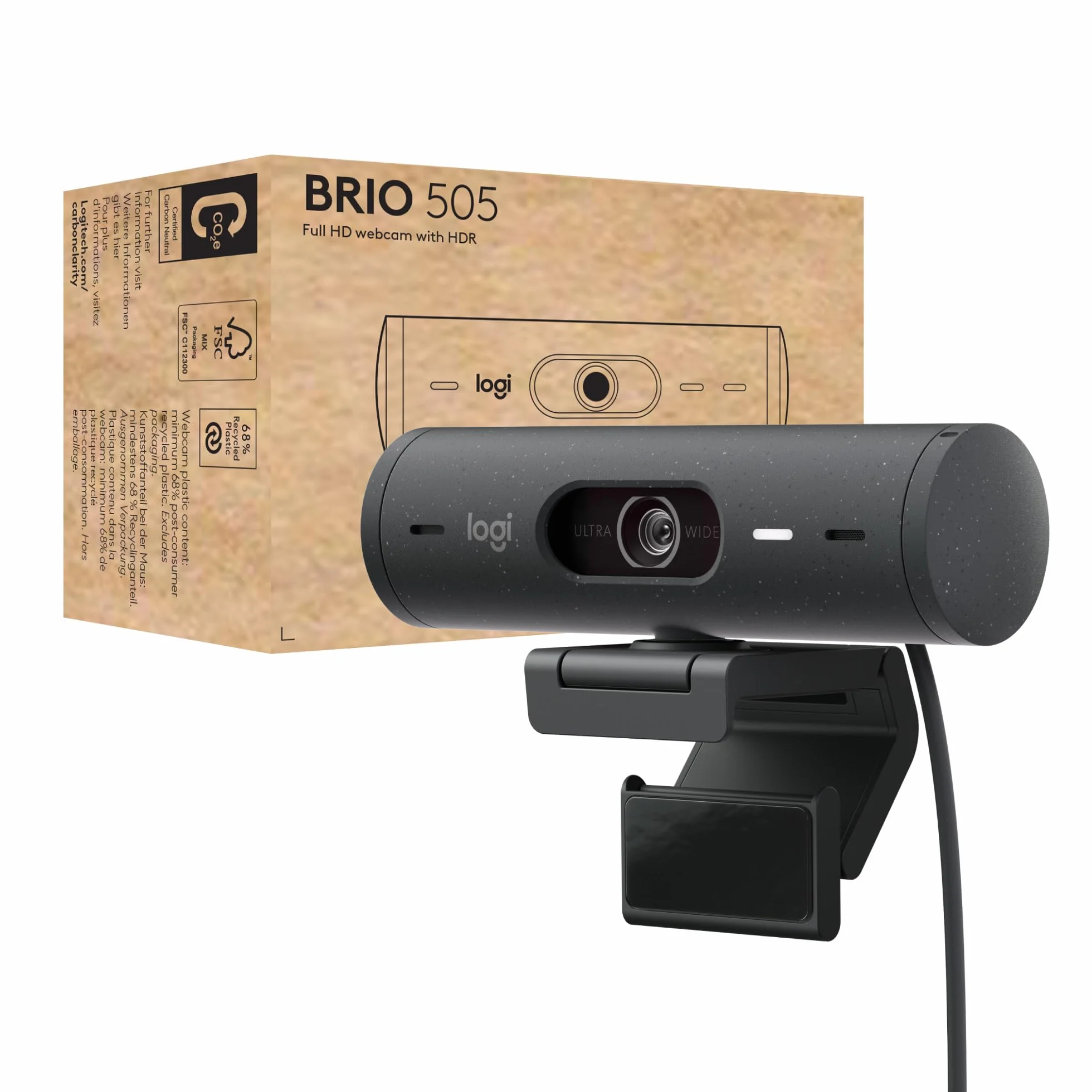 Logitech Brio 505 Webcam Full HD, Correction Automatique de l'éclairage, Cadrage Automatique, 2 micros Anti-Bruit, Volet de confidentialité - Gris