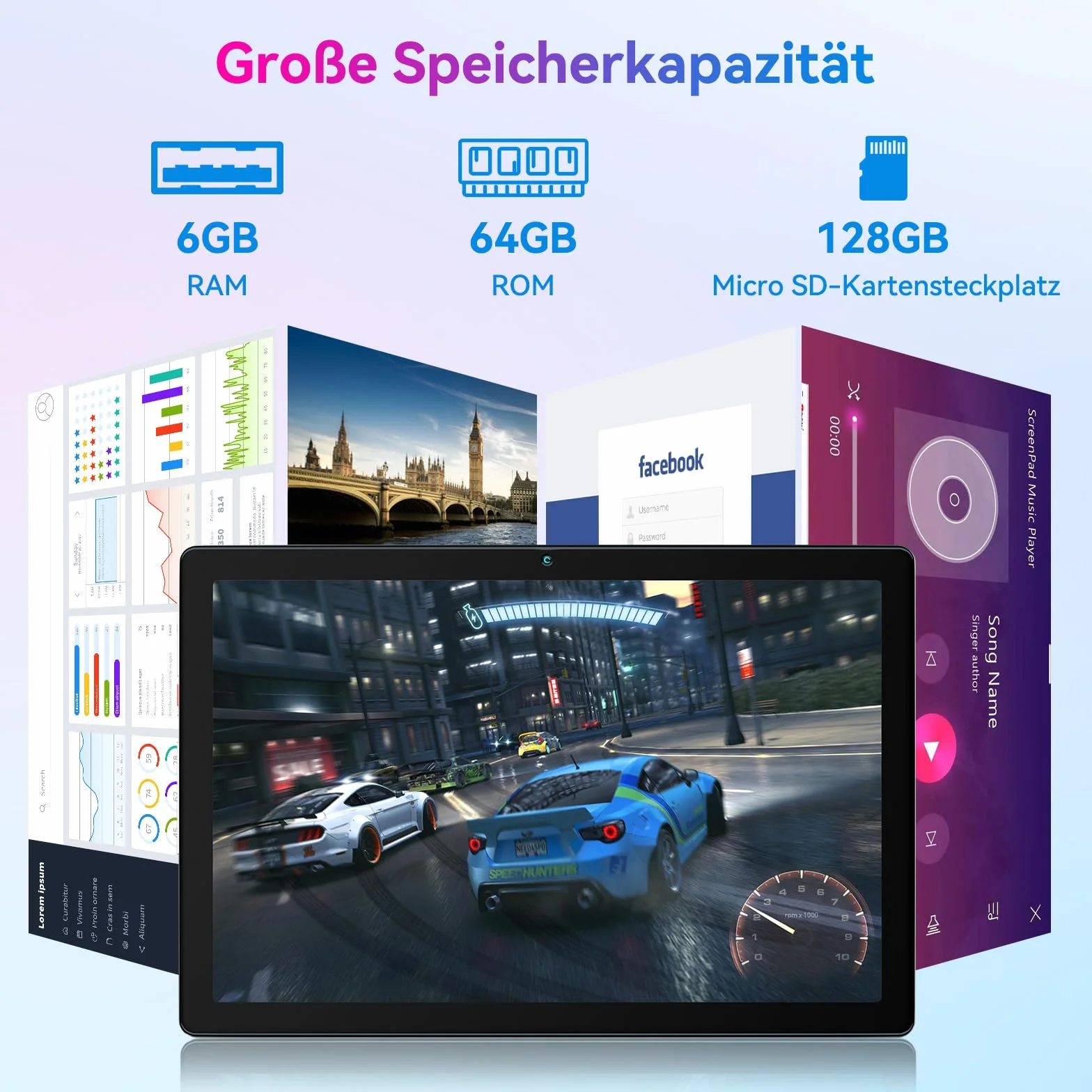 Tablette Android 10 pouces 6 Go RAM 64 Go extensible 128 Go Bluetooth 5.2 Wi-Fi 6 batterie 5000 mAh écran HD 1280×800 argent