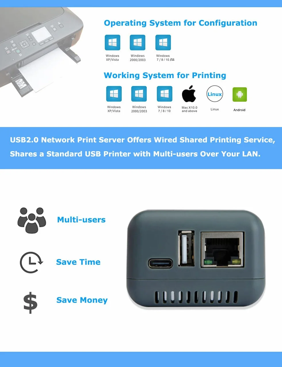 Serveur d'impression réseau Ethernet vers USB 2.0 Gris