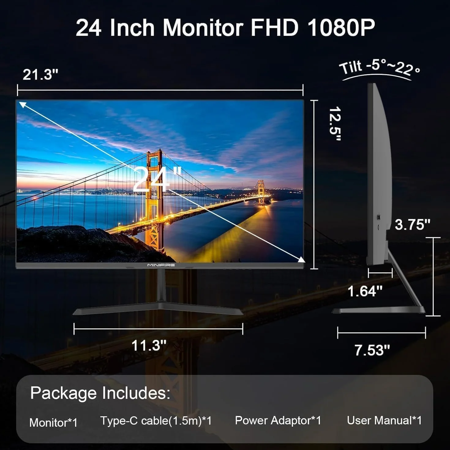 Minifire Écran PC 24 Pouces FHD 100Hz Adaptive-Sync USB-C HDMI 1.4 MF24X3AL