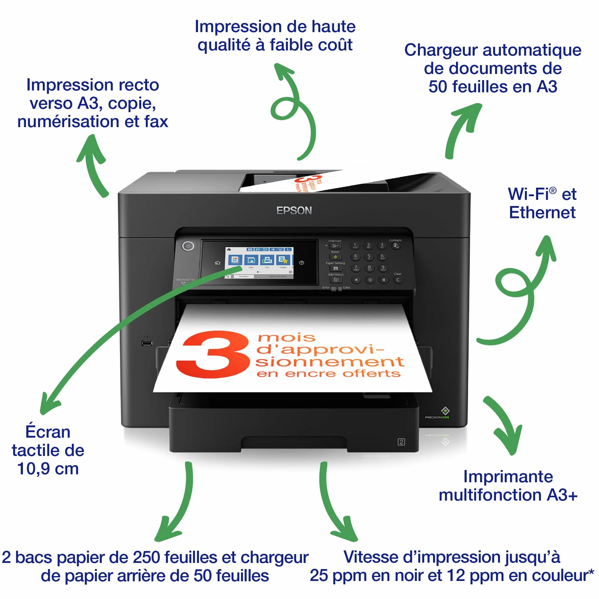 EPSON WorkForce WF-7840DTW Imprimante A3+ 4-en-1 recto-verso WiFi Direct Ethernet PrecisionCore 25ppm Noir 12ppm Couleur