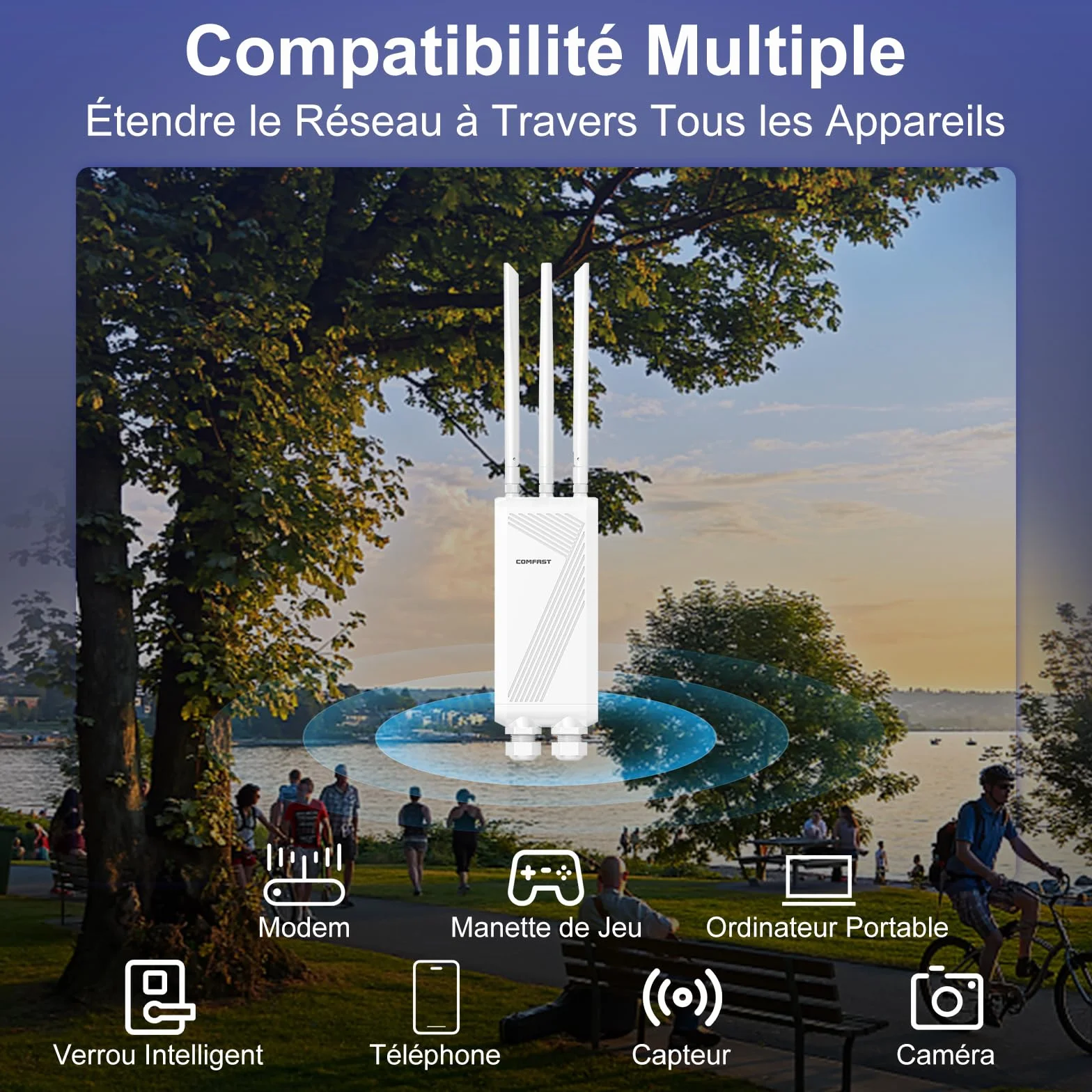 COMFAST Répéteur WiFi 7 Extérieur BE3600 Mbps, Point d'accès Double Bande 2.4G/5GHz, 3 Antenne, 3 Port Gigabit, 48V PoE/12V DC, IP66, MU-MIMO